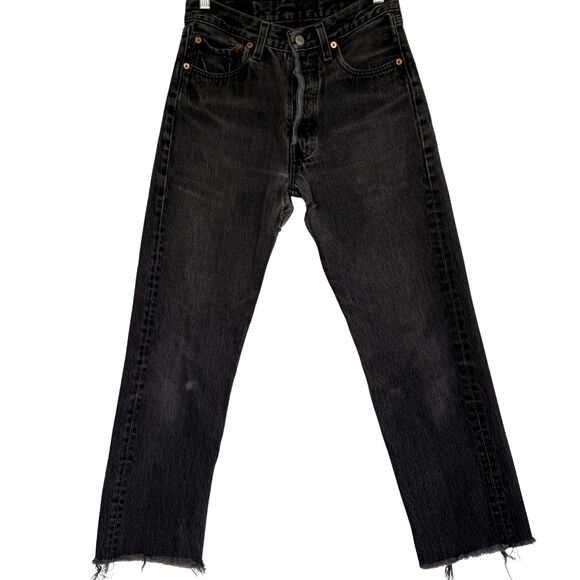 Vintage Levi’s 501 Black Jeans Button Fly Made in USA Distressed Grunge Cut Hem - Picture 1 of 7
